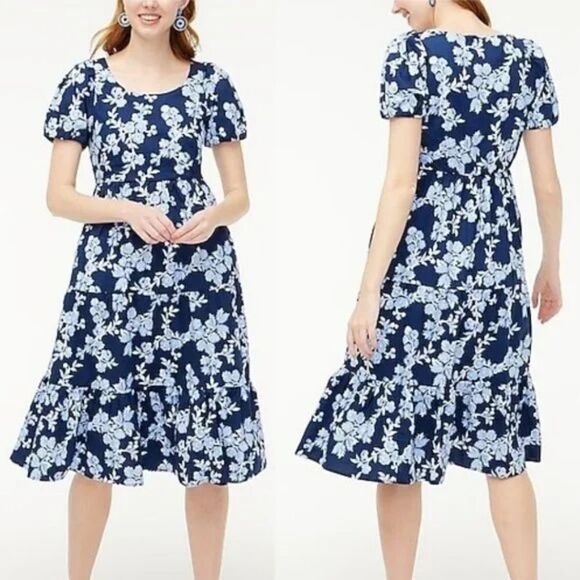 J. Crew Blue Floral Cotton Poplin Puff Sleeve Tiered Midi Dress Size 10 - Picture 1 of 13